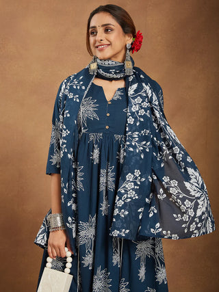 Teal Blue Cotton Floral Print A-Line Suit Set with Dupatta