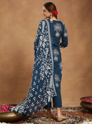 Teal Blue Cotton Floral Print A-Line Suit Set with Dupatta