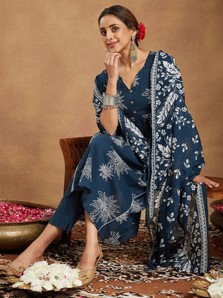 Teal Blue Cotton Floral Print A-Line Suit Set with Dupatta