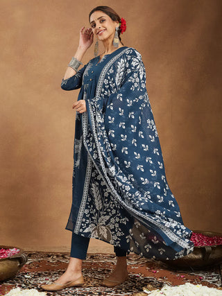 Teal Blue Cotton Floral Print A-Line Suit Set with Dupatta