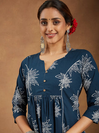 Teal Blue Cotton Floral Print A-Line Suit Set with Dupatta