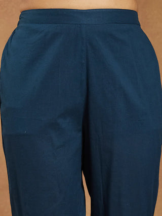 Teal Blue Cotton Floral Print A-Line Suit Set with Dupatta