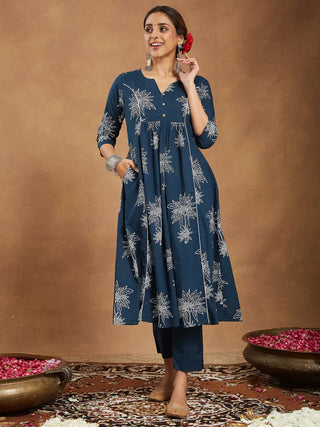 Teal Blue Cotton Floral Print A-Line Suit Set with Dupatta