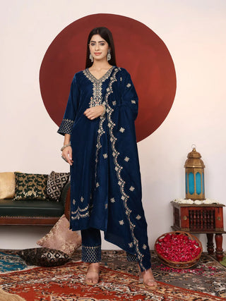 Teal Blue Velver Zari Embroidered Suit Set with Dupatta