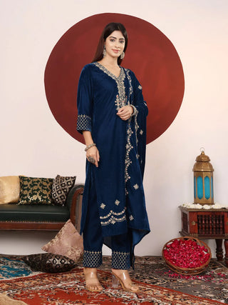 Teal Blue Velver Zari Embroidered Suit Set with Dupatta