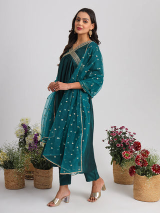 Teal Blue Ethnic Motif & Zari Embroidered Suit Set with Dupatta