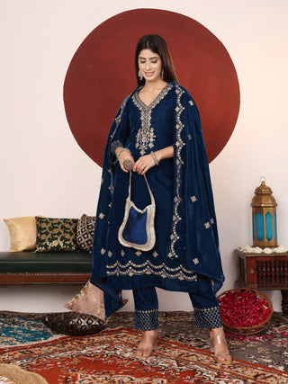 Teal Blue Velver Zari Embroidered Suit Set with Dupatta