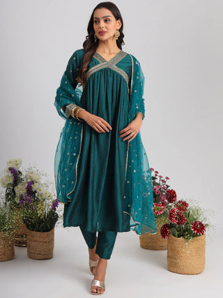 Teal Blue Ethnic Motif & Zari Embroidered Suit Set with Dupatta