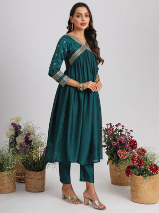 Teal Blue Ethnic Motif & Zari Embroidered Suit Set with Dupatta