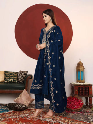 Teal Blue Velver Zari Embroidered Suit Set with Dupatta