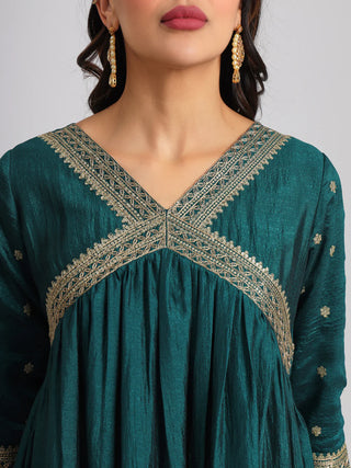 Teal Blue Ethnic Motif & Zari Embroidered Suit Set with Dupatta