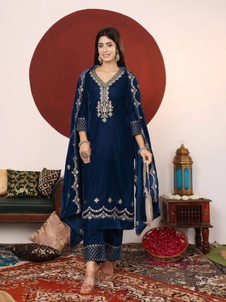 Teal Blue Velver Zari Embroidered Suit Set with Dupatta