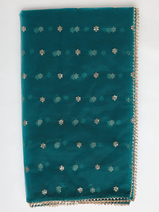 Teal Blue Ethnic Motif & Zari Embroidered Suit Set with Dupatta