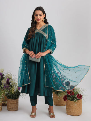 Teal Blue Ethnic Motif & Zari Embroidered Suit Set with Dupatta