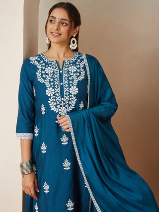 Teal Blue Silk Blend Floral Embroidered Suit Set with Dupatta