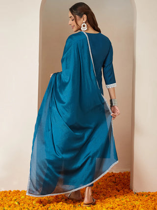 Teal Blue Silk Blend Floral Embroidered Suit Set with Dupatta