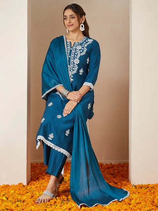 Teal Blue Silk Blend Floral Embroidered Suit Set with Dupatta