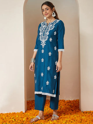 Teal Blue Silk Blend Floral Embroidered Suit Set with Dupatta