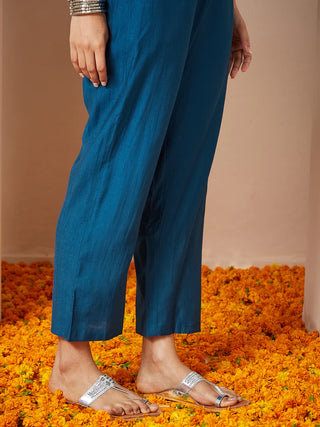 Teal Blue Silk Blend Floral Embroidered Suit Set with Dupatta