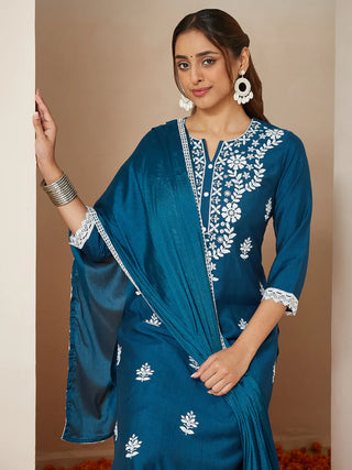 Teal Blue Silk Blend Floral Embroidered Suit Set with Dupatta