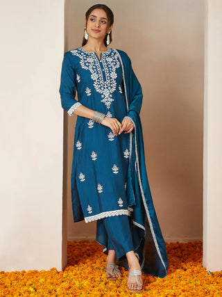 Teal Blue Silk Blend Floral Embroidered Suit Set with Dupatta