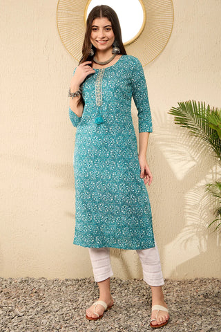 Teal Blue Cotton Ethnic Motif Print Straight Shape Kurta