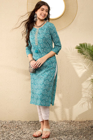 Teal Blue Cotton Ethnic Motif Print Straight Shape Kurta