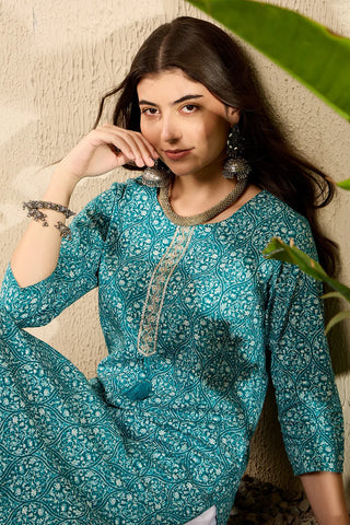 Teal Blue Cotton Ethnic Motif Print Straight Shape Kurta