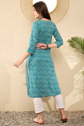 Teal Blue Cotton Ethnic Motif Print Straight Shape Kurta