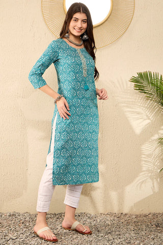 Teal Blue Cotton Ethnic Motif Print Straight Shape Kurta