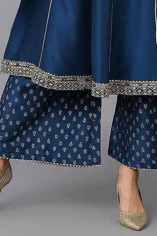 Teal Blue Silk Blend Ethnic Motif Embroidered Suit Set with Poly Chiffon Dupatta