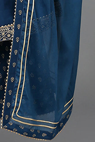 Teal Blue Silk Blend Ethnic Motif Embroidered Suit Set with Poly Chiffon Dupatta