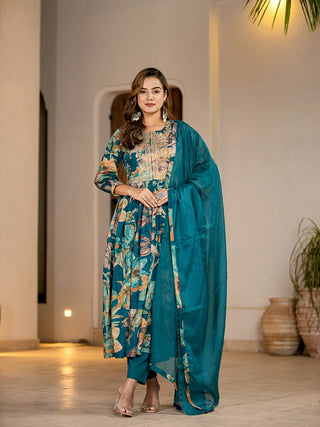 Teal Blue Organic Cotton Floral Print & Embroidered Kurta with Malmal Cotton Bottom & Voile Dupatta