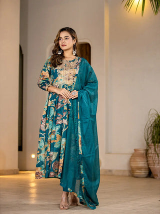 Teal Blue Organic Cotton Floral Print & Embroidered Kurta with Malmal Cotton Bottom & Voile Dupatta