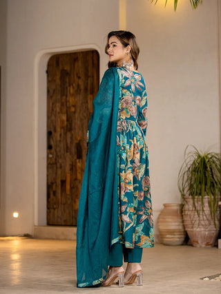 Teal Blue Organic Cotton Floral Print & Embroidered Kurta with Malmal Cotton Bottom & Voile Dupatta