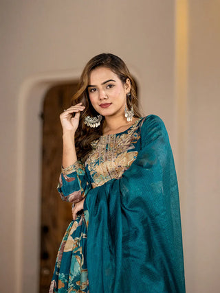 Teal Blue Organic Cotton Floral Print & Embroidered Kurta with Malmal Cotton Bottom & Voile Dupatta