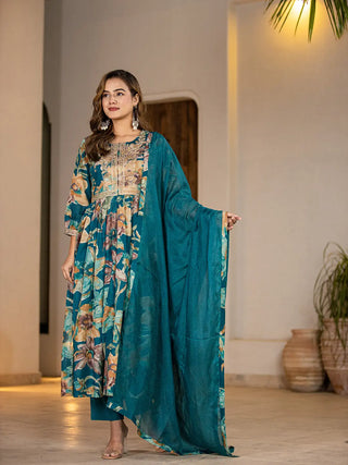 Teal Blue Organic Cotton Floral Print & Embroidered Kurta with Malmal Cotton Bottom & Voile Dupatta