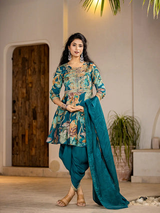 Tea Blue Peplum Cotton Floral Print & Embroidered Kurta with Rayon Dhoti Set with Dupatta