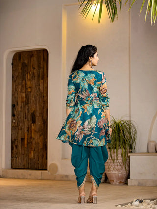 Tea Blue Peplum Cotton Floral Print & Embroidered Kurta with Rayon Dhoti Set with Dupatta