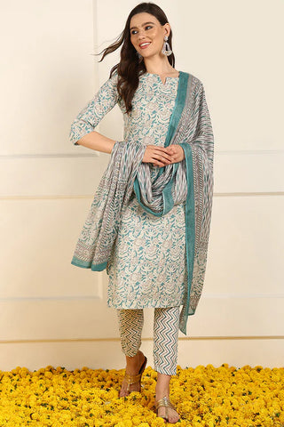 Teal Blue Cotton Floral Print Straight Shape Suit Set with Dupatta