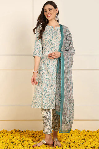 Teal Blue Cotton Floral Print Straight Shape Suit Set with Dupatta