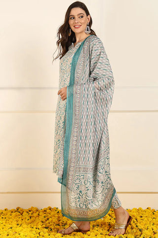 Teal Blue Cotton Floral Print Straight Shape Suit Set with Dupatta