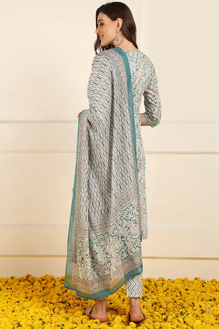 Teal Blue Cotton Floral Print Straight Shape Suit Set with Dupatta