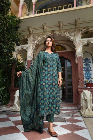 Blue Viscose Floral Print Straight Shape Suit Set with Chanderi Cotton Dupatta