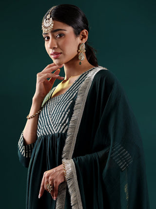 Teal Silk Blend Embroidered Suit Set with Silk Chiffon Dupatta