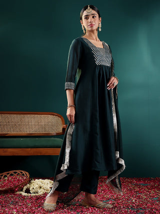 Teal Silk Blend Embroidered Suit Set with Silk Chiffon Dupatta