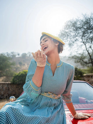 Teal Green Cotton Checked Print Flared Dress