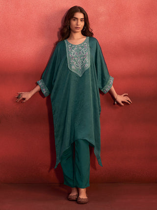 Teal Green Organza Embroidered Kaftan with Viscose Bottom