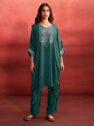 Teal Green Organza Embroidered Kaftan with Viscose Bottom