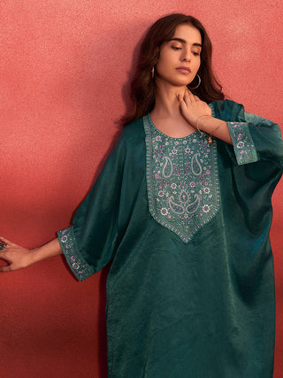 Teal Green Organza Embroidered Kaftan with Viscose Bottom